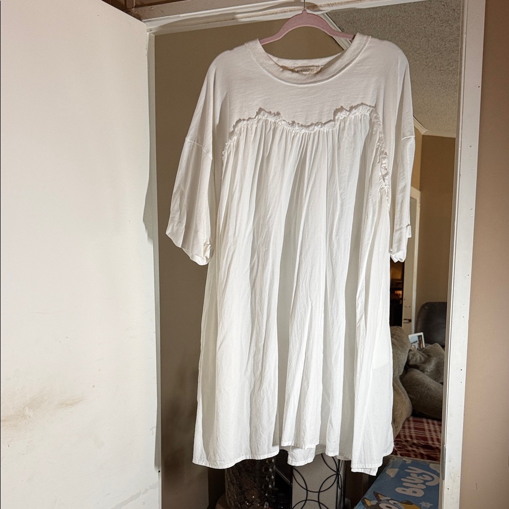 White Midi Peasant Dress - Lightweight Gathered Bodice